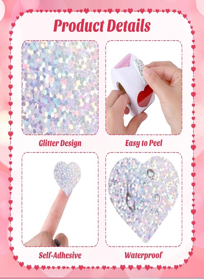 Fovths 500 Pieces Glitter Heart Stickers Roll Mini Valentine's Love Heart Stickers Shiny Self-Adhesive Heart Decorations for Valentine's Day Wedding Anniversary, Red Hot Pink Pink White - Image 3